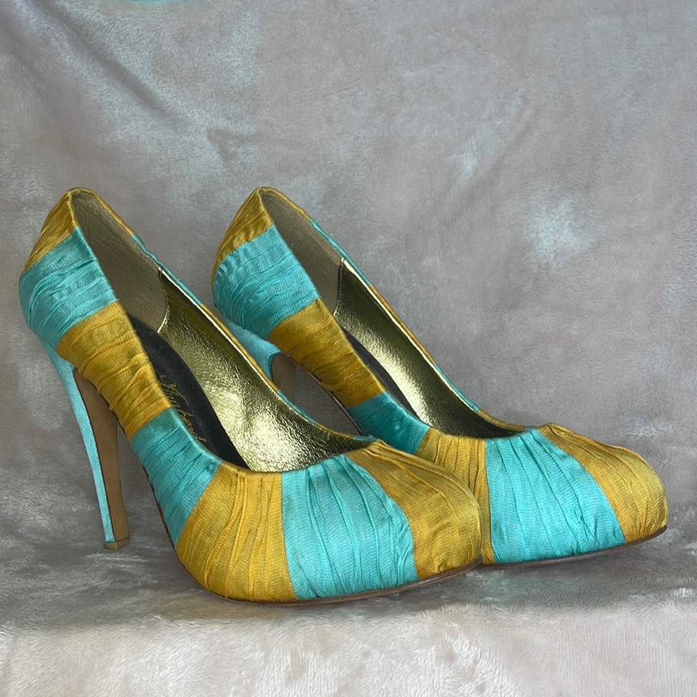 Kathryn Amberleigh | Silk Pumps | Canary & Aqua Blue | Size 9 | 4.5” Heel